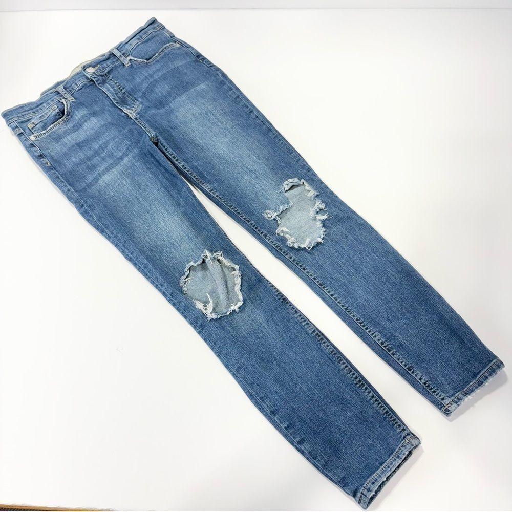 Free People Midnight Blue Distressed Jeans Size 31 Super High Rise Skinny Ripped